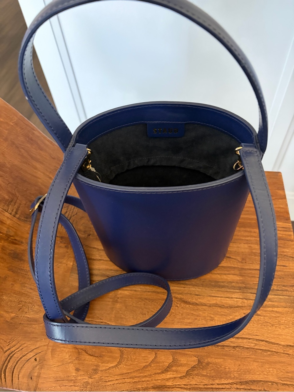 STAUD Navy Blue Leather Bucket Crossbody Bag